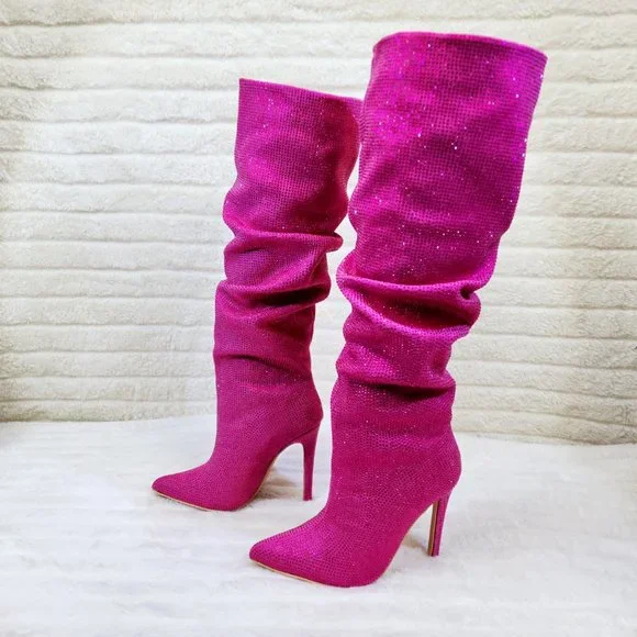 Radiant Fuchsia Pink Rhinestone High Heel Slouch Knee High Boots - Picture 4 of 11